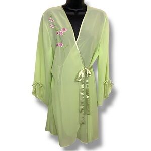 Vintage S M Body Chic Green Fairy Robe Kimono Embroidered Floral Sheer